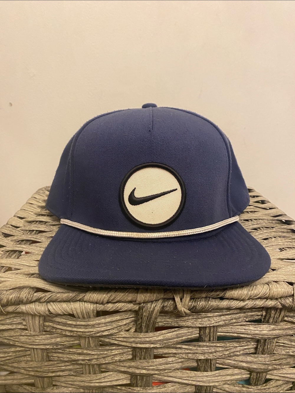 Nike Men's Dark Blue Snapback Hat with White and Black Swoosh Badge